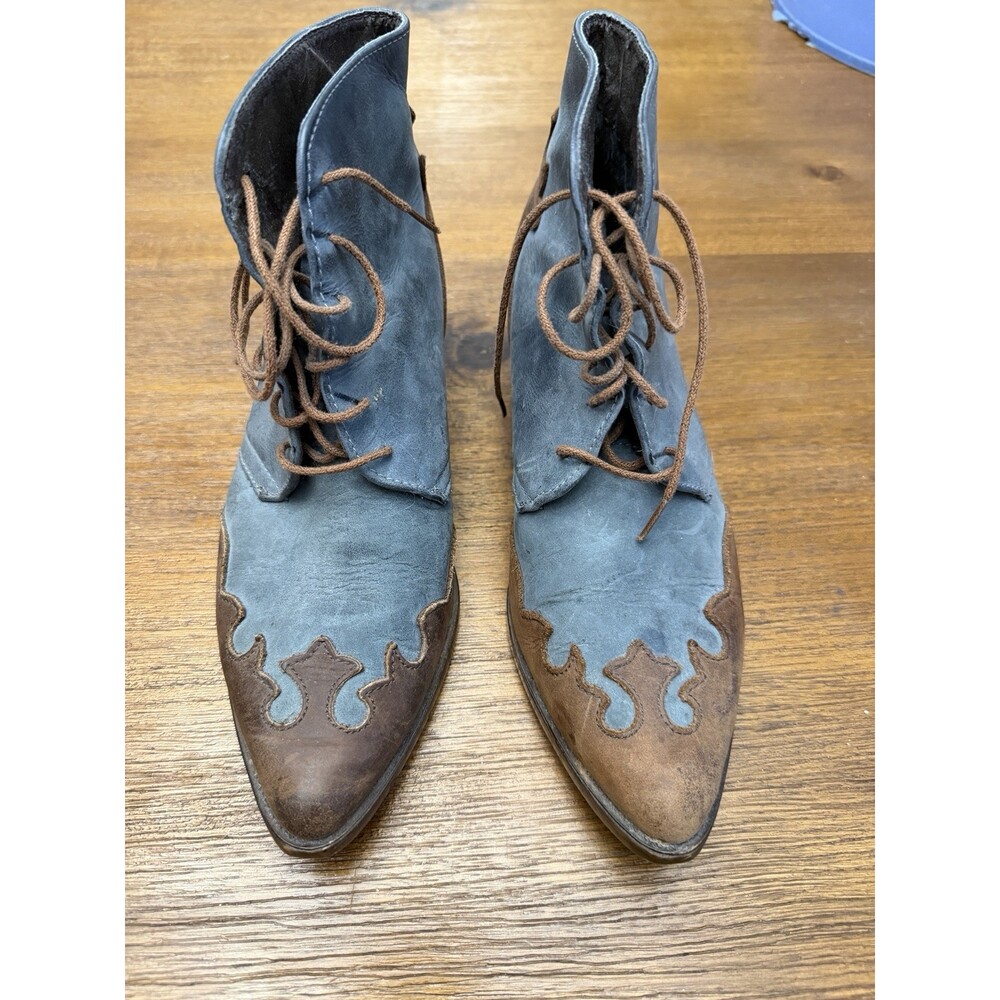 Vtg 90s Spiegel Western Blue Brown Leather Fabric Lace Up Pointed Toe Boots 7.5